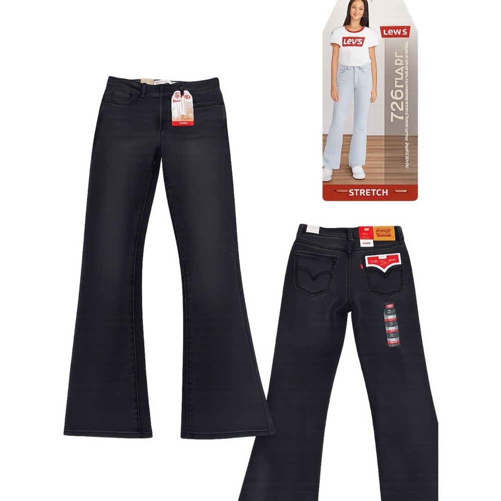 Levis 726 Flare Jeans High Rise Stretch Washed Black Denim Size 14 Regular